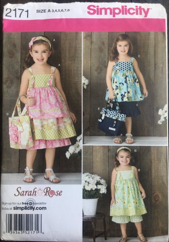 SIMPLICITY 2171 SEWING PATTERN FOR CHILD'S DRESS, TOP, BAG, & HAIR ACCESSORY, SIZE 3-8