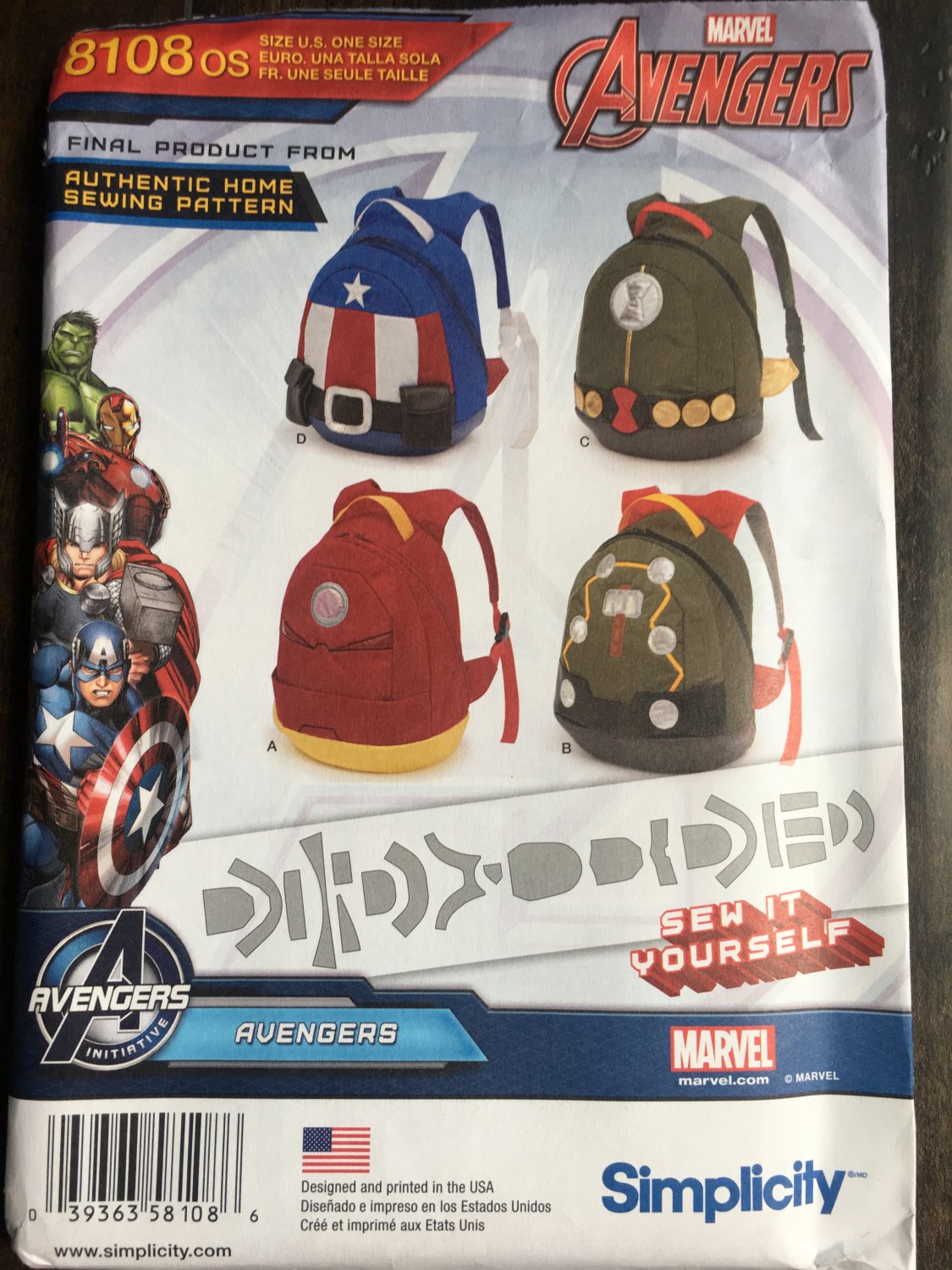 SIMPLICITY 8108 SEWING PATTERN FOR MARVEL AVENGERS BACKPACKS