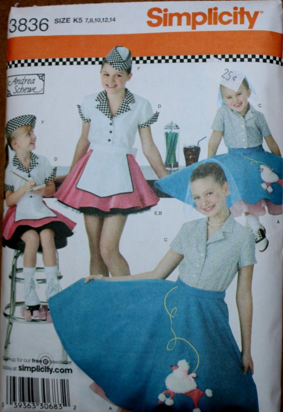 SIMPLICITY 3836 SEWING PATTERN FOR CHILD'S & GIRLS COSTUME-Retro 50s Poodle Skirt  SZ 7,8,10,12,14