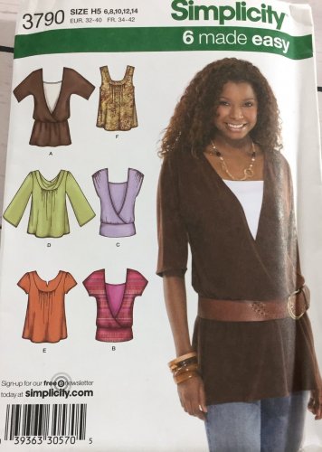 SIMPLICITY 3790 Sewing pattern for Misses' Knit Top,  SZ 6 - 14