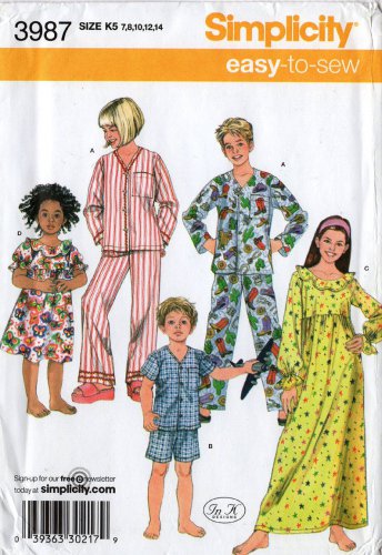 SIMPLICITY 3987 SEWING PATTERN FOR CHILD'S GIRL'S/BOYS PAJAMAS SZ 7-14