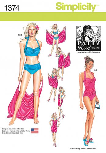Simplicity 1374 MISSES' TWO PIECE SWIMSUITS AND BEACH COVER -UP   SZ 6 - 14