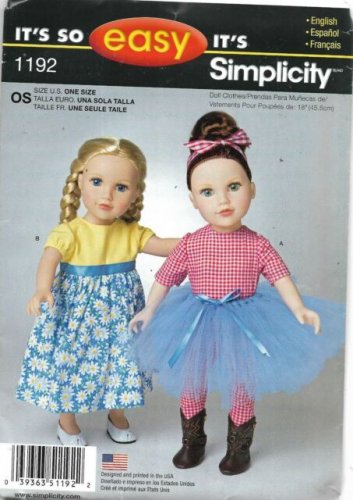 SIMPLICITY 1192 Craft Sewing Pattern for 18" Doll Clothes