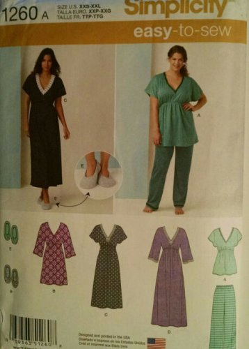 SIMPLICITY 1260 SEWING PATTERN FOR MISSES' NIGHTGOWN IN 3 LENGTHS & SLIPPERS  S: S,M,L