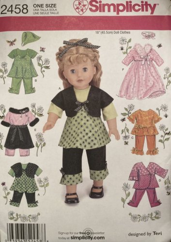 SIMPLICITY 2458  Craft Sewing Pattern for 18" Doll Clothes