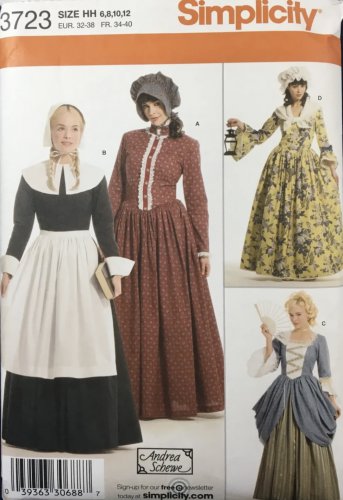 SIMPLICITY 3723 SEWING PATTERN FOR MISSES COSTUME- 18TH CENTURY  Puritan Colonial