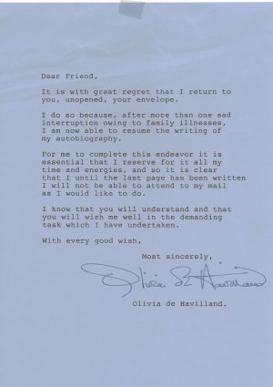 OLIVIA DEHAVILAND SIGNED LETTER