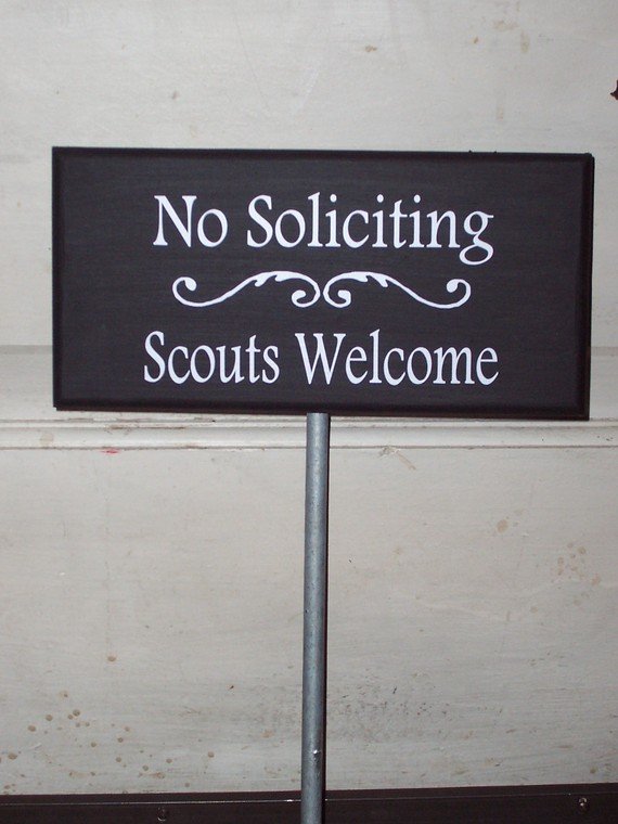 Whimsical Heritage Welcome Sign - No Soliciting Scouts Welcome Wood