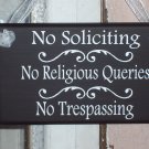 No Soliciting No Religious Queries No Trespassing Wood Vinyl Sign Home Deoor Hanger