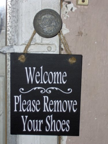 Welcome Please Remove Your Shoes Wood Vinyl Sign Whimsical Cottage Sign