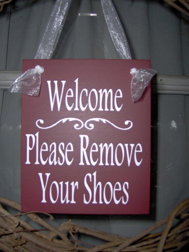 Welcome Please Remove Your Shoes Wood Vinyl Sign In Country Red Home Decor Door Hanger