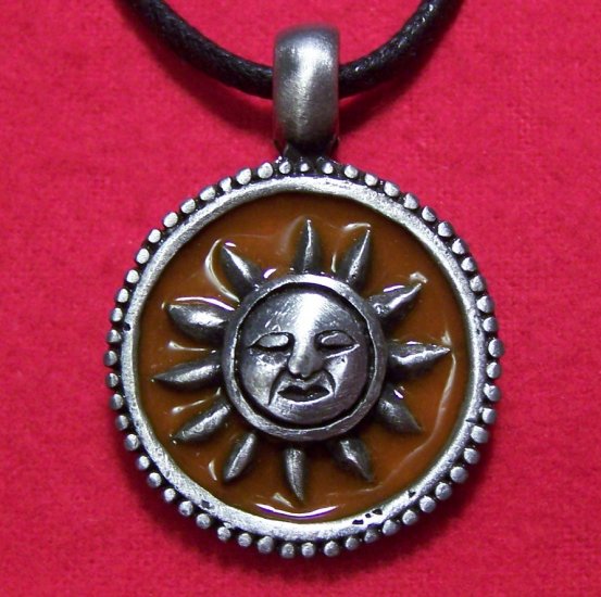 Pewter Sun Face Dark Yellow Enamel Pendant Necklace
