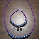 Purple Necklace & Bracelet with Blue Tribal Beads & Moons CNB4