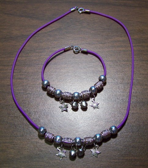Purple Necklace & Bracelet with Tan Tribal Beads & Stars CNB7