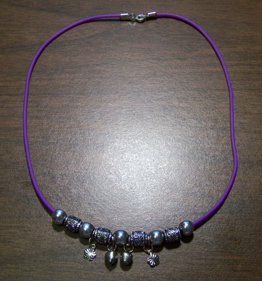 Purple Charm Necklace with Black Tribal Beads & Flowers
