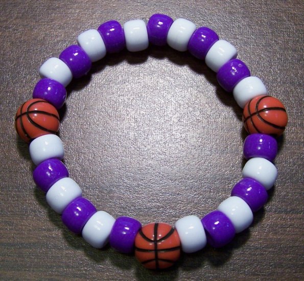 Acrylic Purple & White Basketball Sport Stretch Bracelet 6.5"