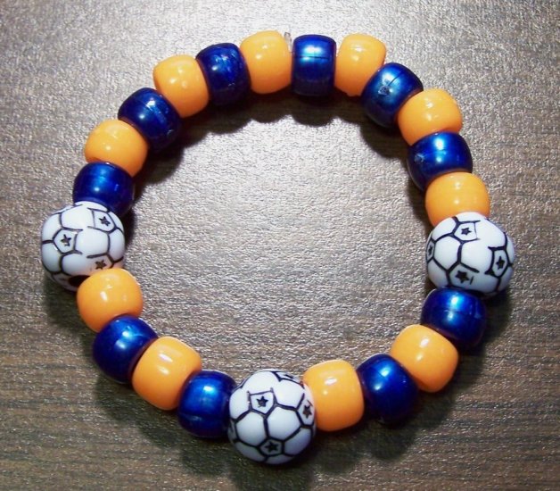 Acrylic Blue & Orange Soccer Ball Sport Stretch Bracelet 5.5"