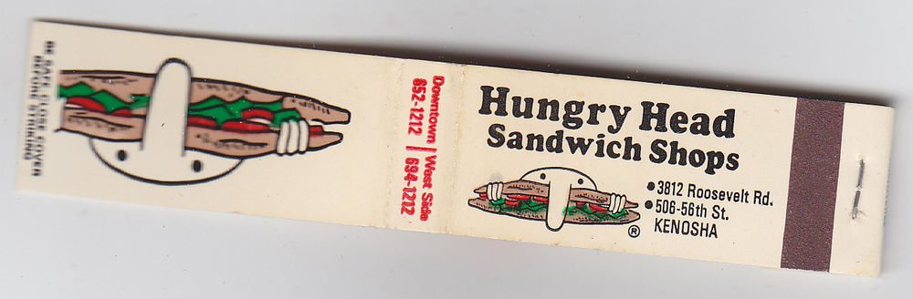 Retro Rare Hungry Head Sandwich Shop Kenosha Wisconsin * FEATURE * Matchbook New