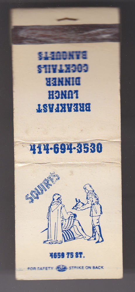 Retro Squire's Restaraunt Food Dining Banquet Graphic Kenosha WI  Matchbook