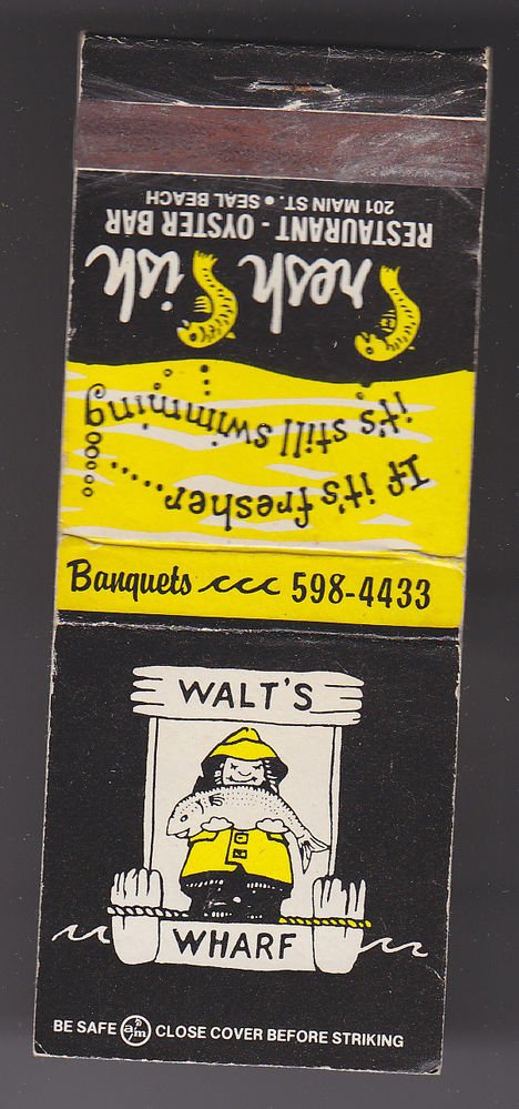 Retro Walt's Wharf Oyster Bar Seal Beach Graphic Fish Fisherman Matchbook Cover