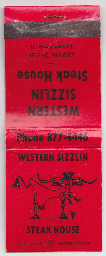 Retro Western Sizzlin Steak House Loves Park IL Cow Steer Graphic Draw Matchbook