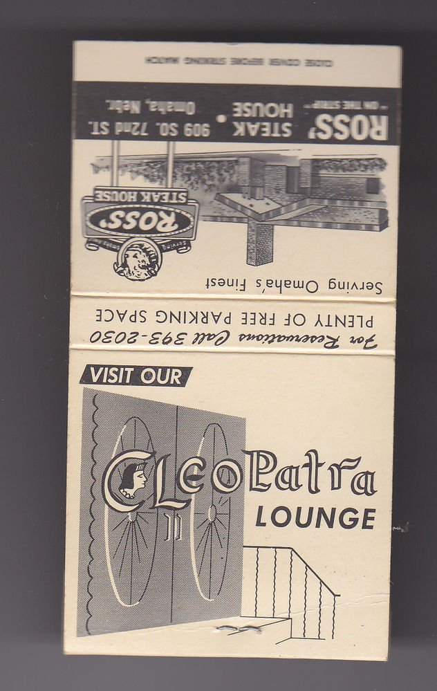 Vintage Cleopatra Lounge Ross' Steak House Omaha Nebraska Wide Matchbook
