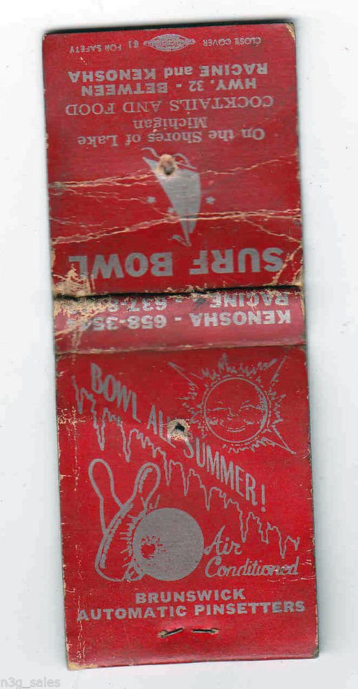 Vintage Retro Bowling Designed Brunswick Surf Bowl Kenosha Wisconsin Matchbook