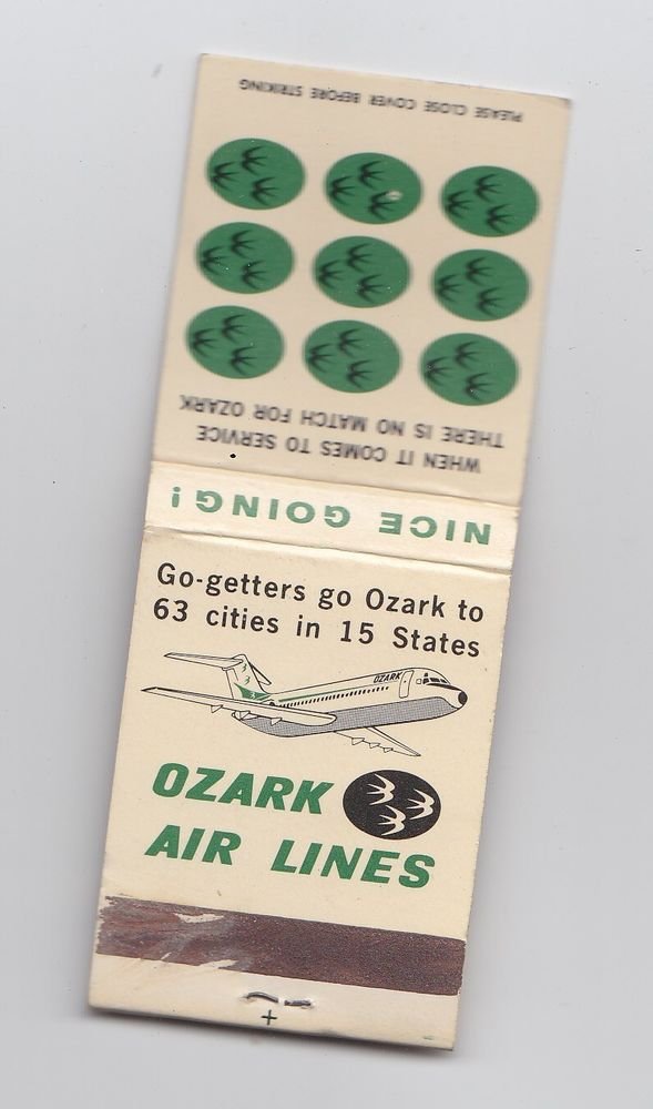 Vtg Ozark Air Lines Airlines Go-getters Logo Airplane Graphic DC-9 Matchbook