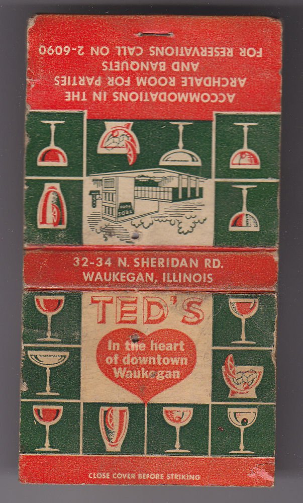 Vtg Retro Ted's Archdale Room Banquets Parties Waukegan Mixed Drinks Matchbook