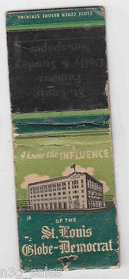 Vintage Rare St. Louis Globe-Democrat Newspaper Matchbook Matchcover Book Cover
