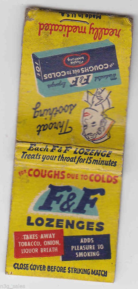 Vintage Retro F&F Cough Lozenges For Coughs Due To Colds Matchbook Matchcover