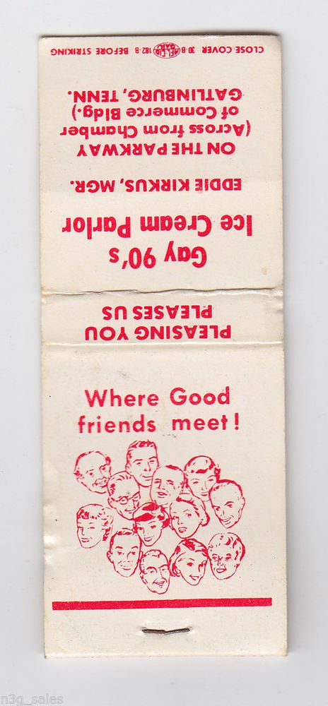 Retro Gay 90's Ice Cream Parlor Gatlinburg Tennessee Matchbook Matchcover