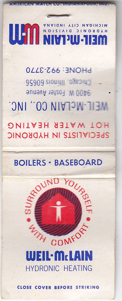 Vtg Weil-McLain Hydronic Hot Water Heating Foster Ave Chicago Matchbook Cover