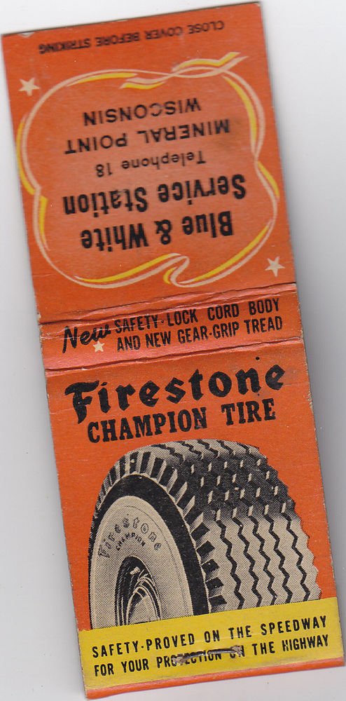Retro Firestone Champion Tire Blue & White Station Mineral Point Matchbook