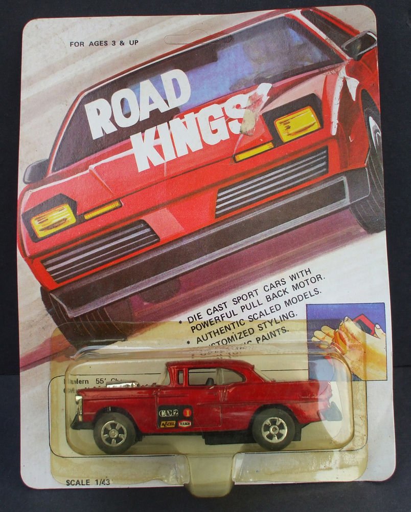 Vtg Road Kings 1955 55 Chevy Pull-Back Motor 1/43 #64-8933 Die-Cast NOC