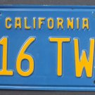 Vintage 1970 70's California License Plate Single (1) Blue & Yellow # 316 TWK