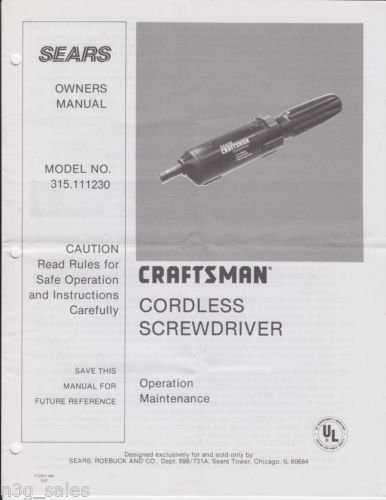 Sears Craftsman Cordless Screwdriver Owners Manual Parts List ONLY 315.111230
