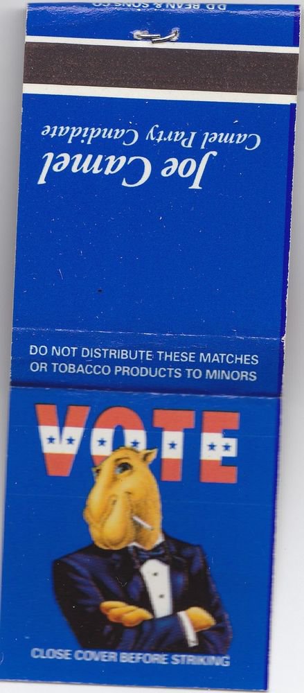 Vtg Retro Vote Joe Camel Cigarettes Cigarette Camel Party Candidate Matchbook VG