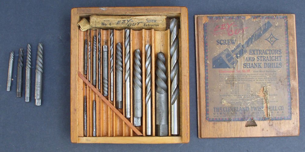 Vtg Ezy Cut Cleveland Twist Drill Co Extractors Straight Shank Drills w Wood Box
