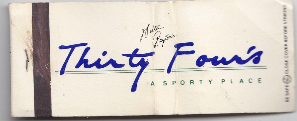 Walter Payton Chicago Bears Thirty Four's Fours A Sporty Place Matchbook Rare