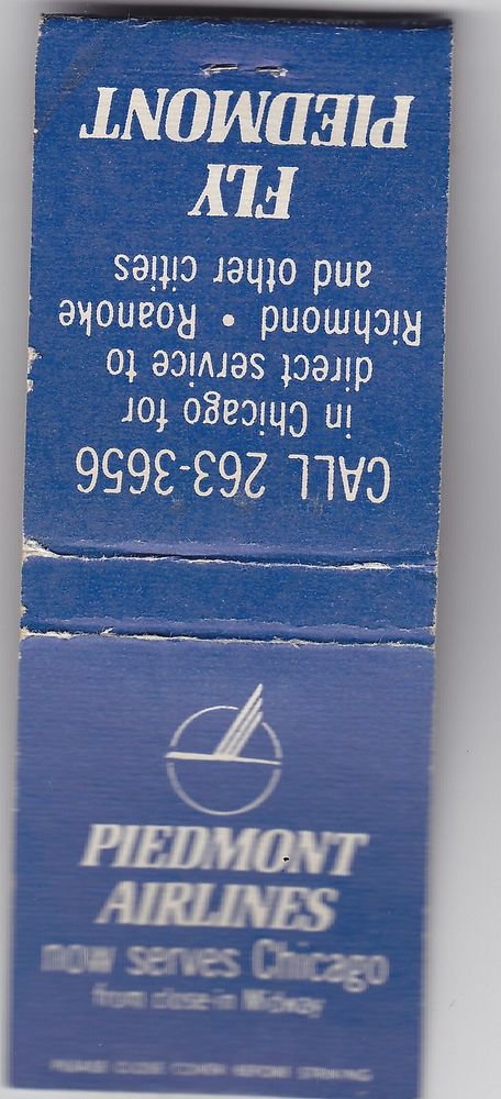 Vtg Piedmont Airlines 'Now Serves Chicago' Matchbook Matches Match Cover