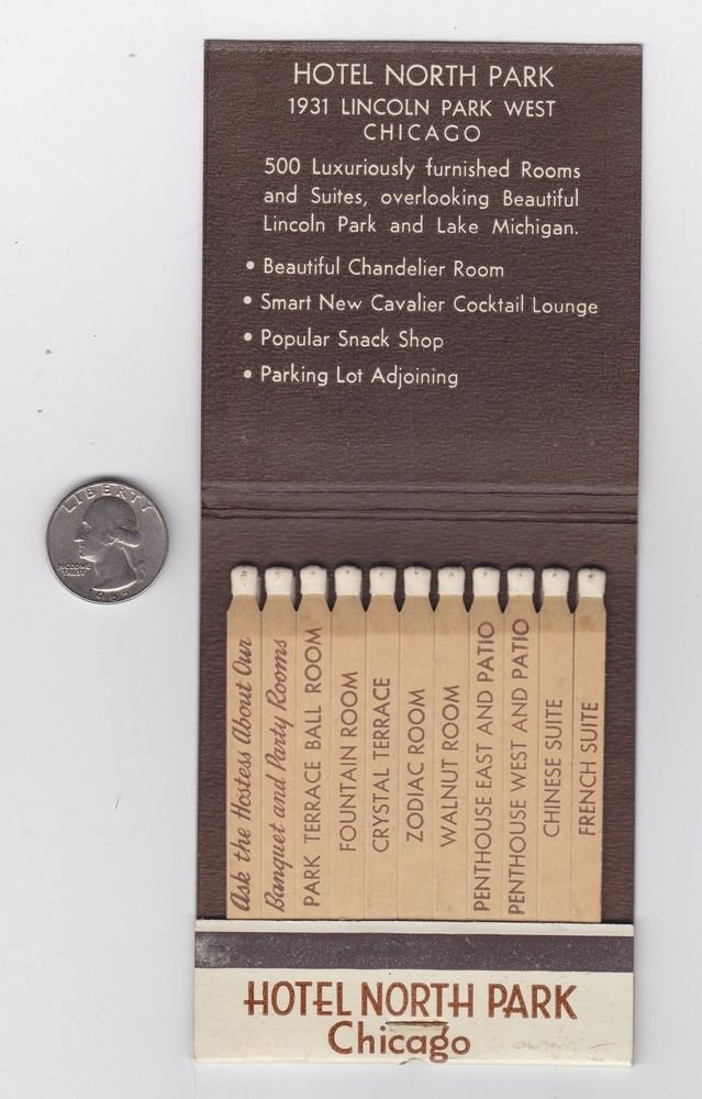 Vtg Chandelier Room Chicago Chi-Town North Park Benson Hotel Feature Matchbook