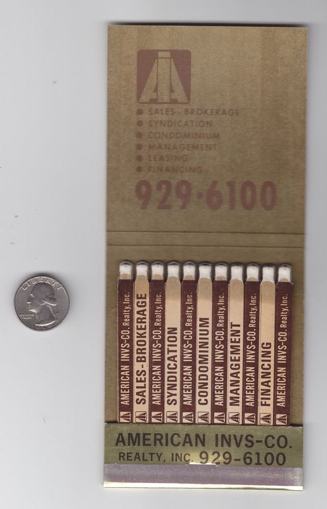 Vintage American INVS-Co Real Estate Realty Inc Large Feature Matchbook w Stand
