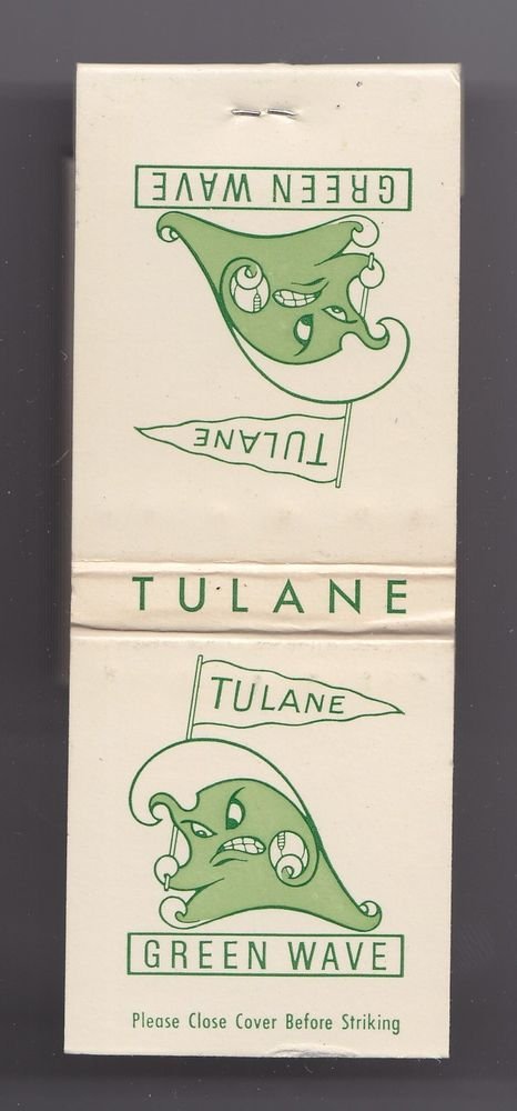 Vtg Tulane University Green Wave Character Unstruck Matchbook Green & White