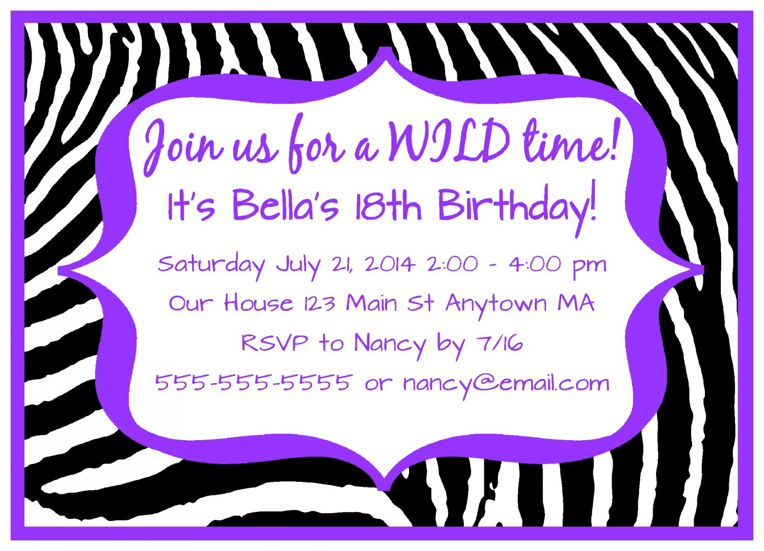 Dark Purple Zebra Girl Teen Adult Digital Birthday Party Invitations