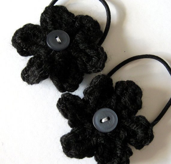 CROCHET FLOWER PONYTAIL HOLDERS - SET OF TWO IN LITTLE MIDNIGHT BLACK