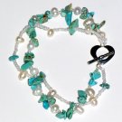 Turquoise & White Freshwater Pearl Double Strand Bracelet, Heart Toggle Clasp