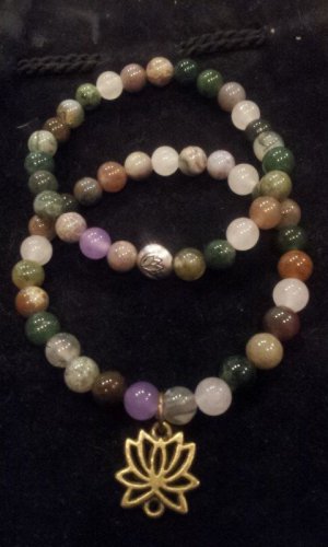 2 Multicolor Agate Gemstone Antique Bronze Lotus Yoga Mala Bracelet Set