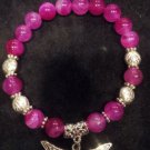 Beautiful Hot Pink Stripe Agate Silver Dragonfly Lotus Yoga Mala Bracelet