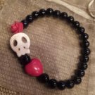 Cute Skull Goth Red Heart & Rose Black Onyx Gemstone Beaded Bracelet